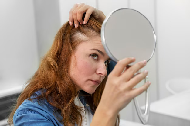 A woman looking at her scalp acne infront of the mirror