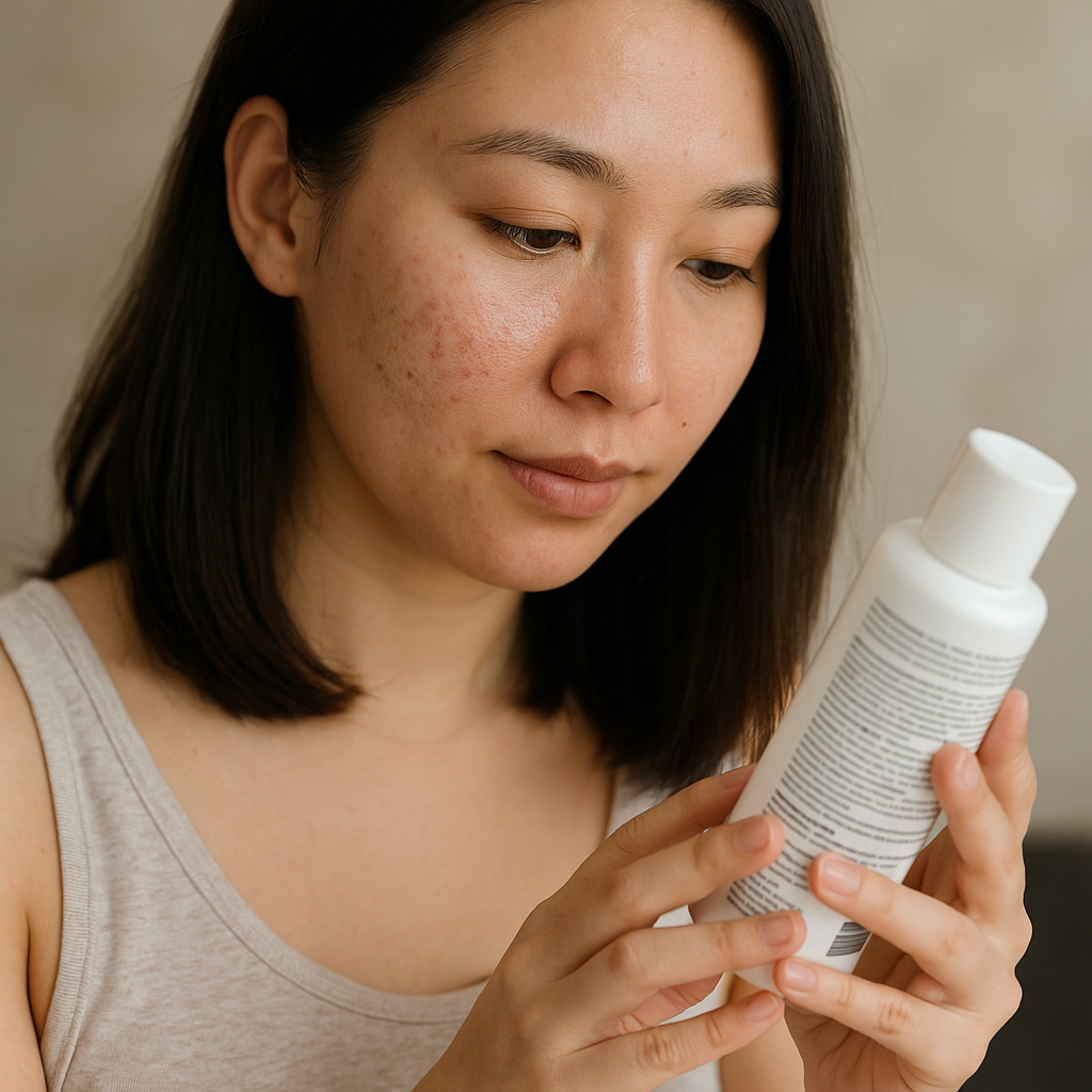 A woman looking at the ingredients of an acne scar product