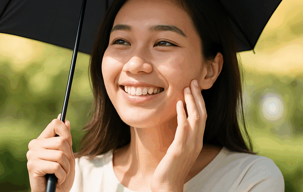 Asian lady after acne scar procedure avoiding sun using umbrella