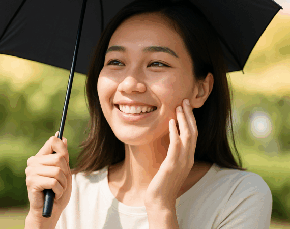 Asian lady after acne scar procedure avoiding sun using umbrella
