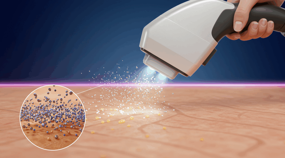 laser handpiece emitting pulses onto the skin with a visible magnified layer showing pigment particles breaking apart