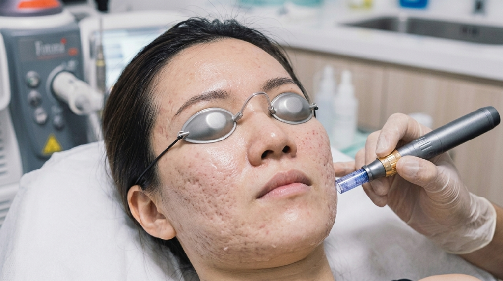 Women undergoing acne scar treatment