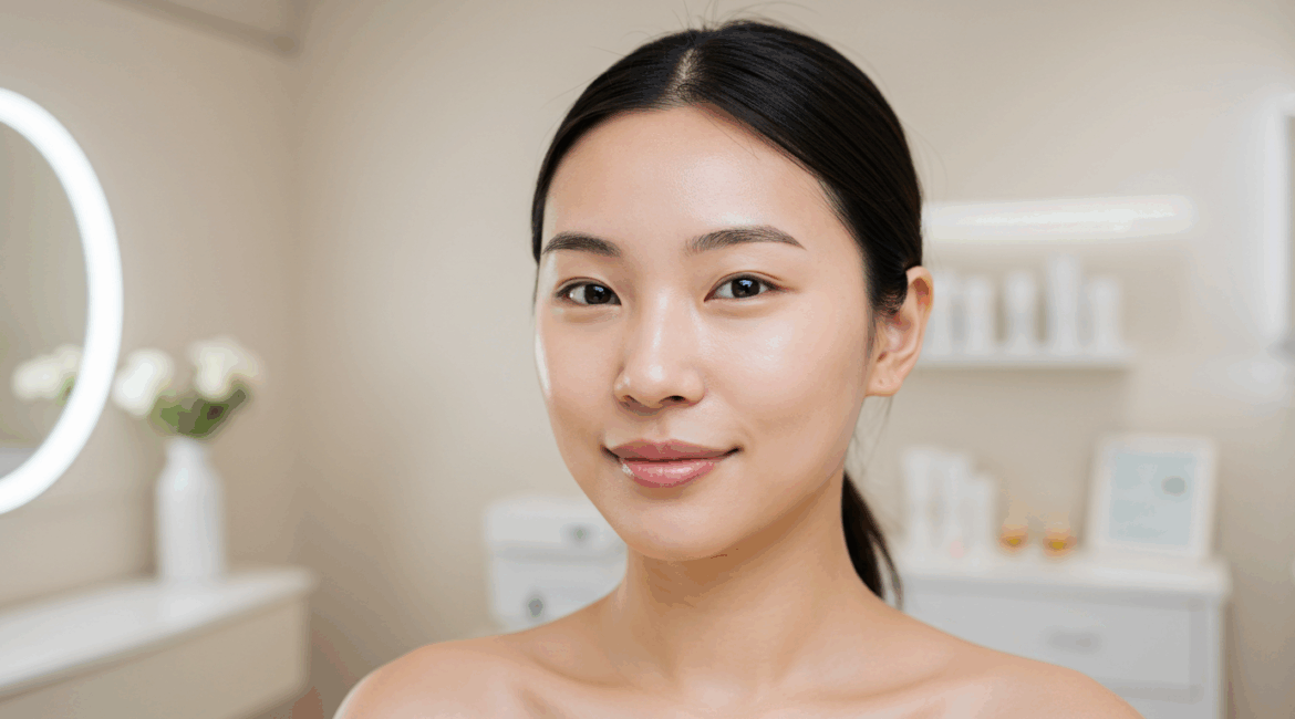 A glowing-skinned woman smiling gently post-treatment