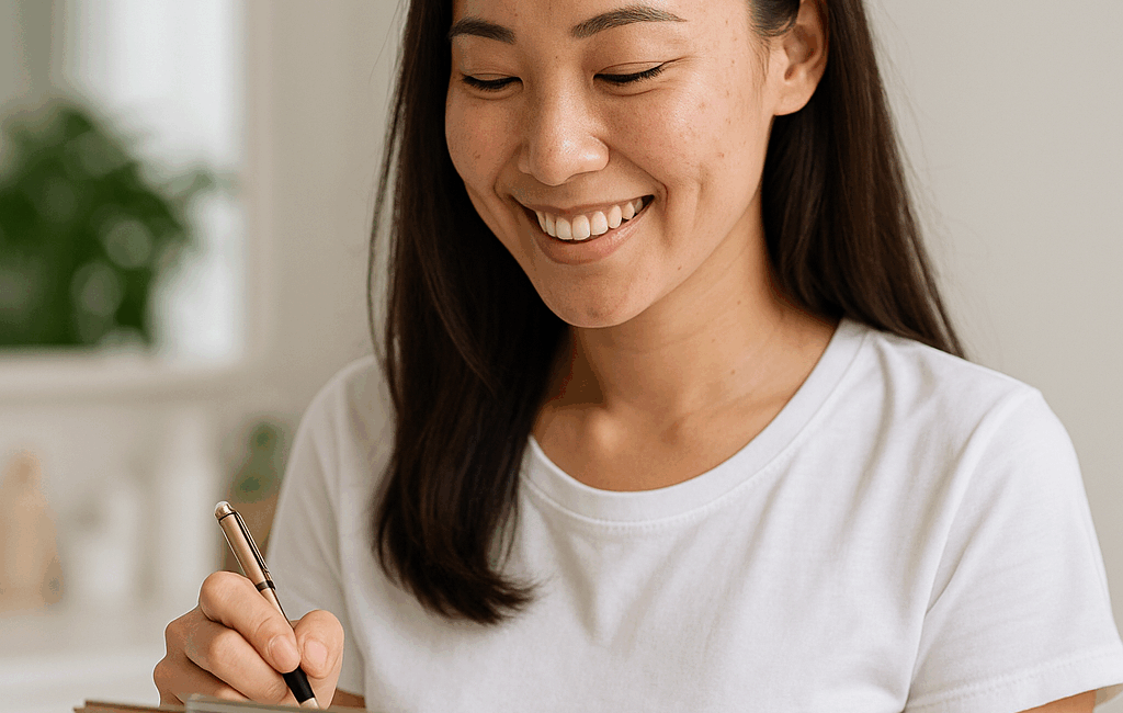 Woman filling out a form to book for acne scar treatment