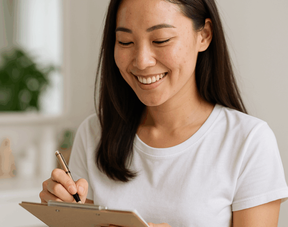 Woman filling out a form to book for acne scar treatment