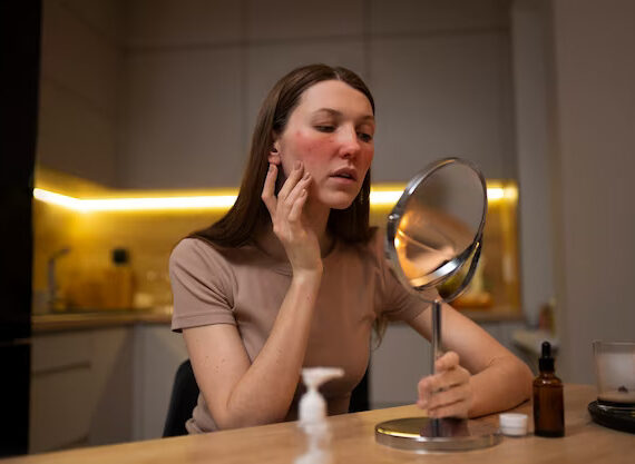 Woman looking at her rosacea in the mirror