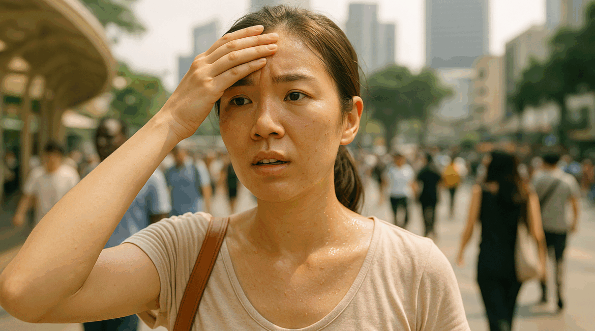 Woman walking feeling the effect of Singapore's climate