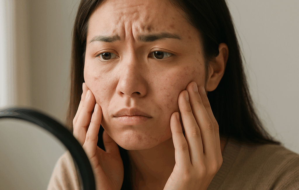 Woman worried looking at her acne scars