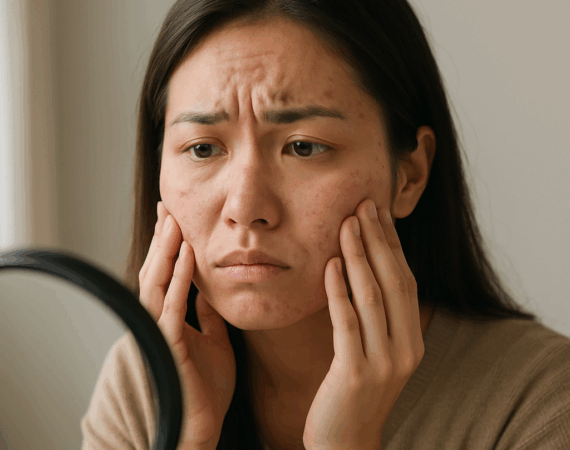Woman worried looking at her acne scars